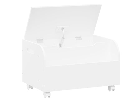 Toy Box With 4 Universal Wheels, Kids Playroom Storage Organizer With Front Bookshelf, Flip Top Lid, Safety Hinge - White