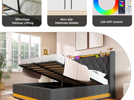 Upholstered Bed, 360 Surround LED Function, Remote Control, Hydraulic Storage Bed With USB, Type-C Charging (Without Mattress)