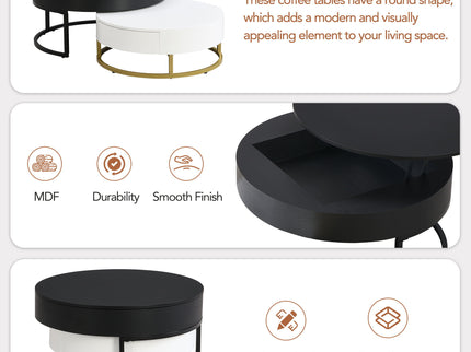 Modern Round Lift-Top Nesting Coffee Tables With 2 Drawers