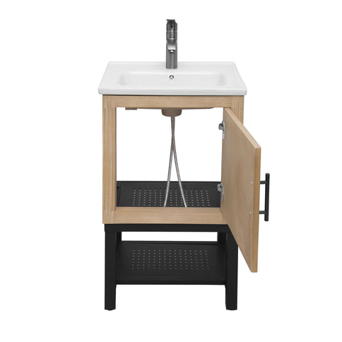 Modern Freestanding Bathroom Vanity With Ceramic Sink, Hot And Cold Faucet, 1 Door Cabinet & Open Shelf