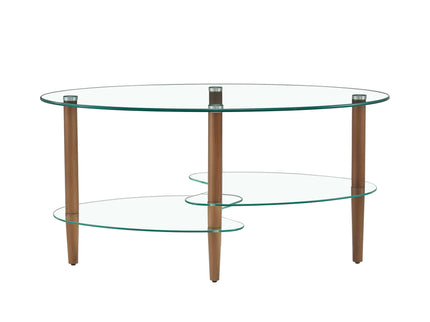 Transparent Oval Glass Coffee Table, Modern Table In Living Room Oak Wood Leg Tea Table 3-Layer Glass Table