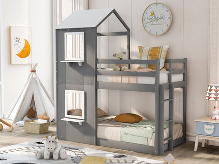Bunk Bed Wood Bed & Roof, Window, Guardrail, Ladder
