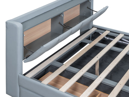 Upholstered Mother & Child Bed With Hydraulic Storage System, Drawer Box, Bedhead Storage Shelf And 2 Pairs Of Sockets & USB Ports