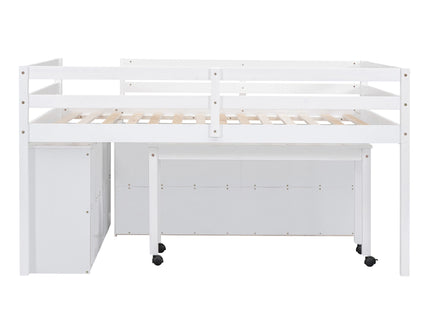 Loft Bed With Retractable Writing Desk And 4 Drawers, With Lateral Portable Desk And Shelves