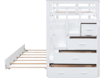 Twin Over Twin Bunk Bed With Trundle And Staircase - White