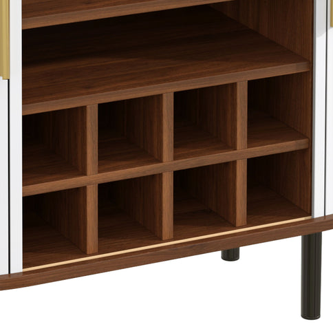 Fluted Wine Bar Cabinet With 8 Grid Wine Rack, 5 Level Adjustable Shelves, 2 Glass Holders