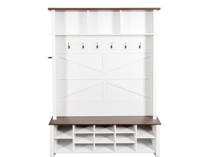 4 In 1 Hall Tree With 6 Hooks, Entryway Bench With Adjustable Shelves - White