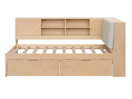 Twin L - Shaped Daybed With Storage Bookcase, Upholstered Headboard, USB Charging Ports & Hidden Drawers - Natural