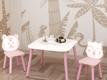 Table And Chair Set, 3 Piece Wooden Toddler Desk With Animal Backrest - Pink / White