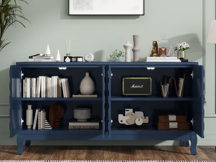 Elegant Sideboard With Sophisticated Wavy Pattern Doors And Arched Groove Design, Adjustable 4 Door Layout