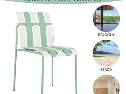 4 Piece Set Of Striped Color Blocking Single Chairs With Long Table - Cream White / Haze Green / White