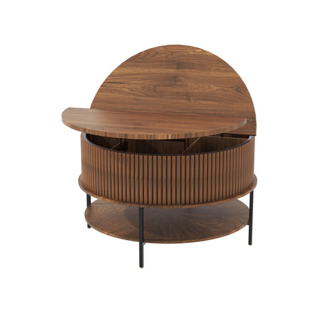 Lift Top Coffee Table, Round Storage Cocktail Table With Reinforced Legs, Safe Rounded Design - Brown