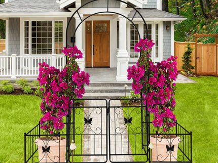 Metal Garden Arch With Gate High Climbing Plants Support Rose Arch Outdoor - Black