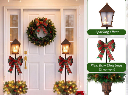 Christmas Lamp Post Decor With Plaid Bow, Artificial Outdoor Holiday Decor (Set of 2) - Brown / Bronze / Green