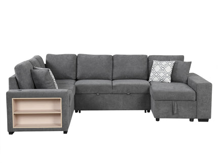 U-Shaped Sectional Sofa Pull-Out Sofa Bed With Two USB Ports, A Storage Chaise Lounge And Four Back Pillows For Living Room