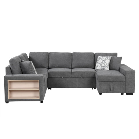 U-Shaped Sectional Sofa Pull-Out Sofa Bed With Two USB Ports, A Storage Chaise Lounge And Four Back Pillows For Living Room