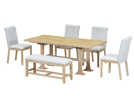 Topmax - 6 Piece Farmhouse Extendable Dining Table Set Trestle Kitchen Table Set With Removable Leaf And Upholstered Dining Chair And Bench For Dining Room