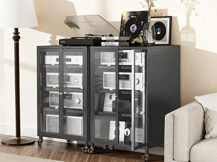 Media Storage Cabinet With Wheels, 4 Adjustable Glass Shelves & Door, Heavy-Duty - Black