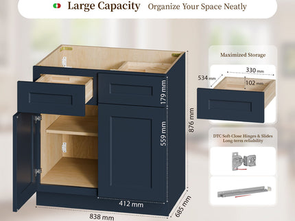 Shaker Base Cabinet With Soft-Close Hinges, Adjustable Shelf