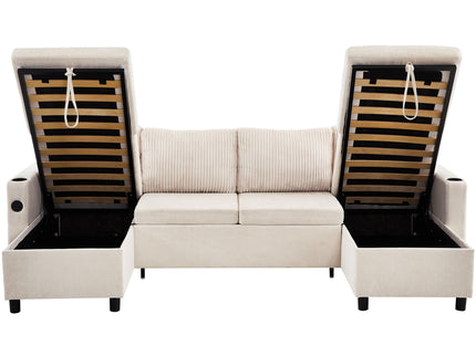 Sectional Sofa Bed With Pull Out Sleeper, USB Ports, Cup Holders