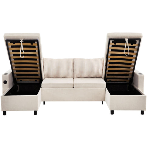 Sectional Sofa Bed With Pull Out Sleeper, USB Ports, Cup Holders