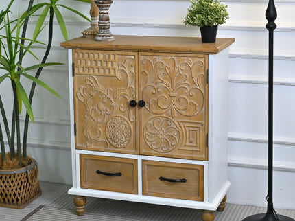 Accent Flower Carved Door Sideboard Cabinet With 2 Drawers For Kitchen - Natural Wood Wash / White