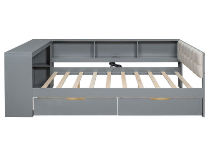 Upholstered Headboard Platform Bed With Storage Shelves, Drawers, Charging Station