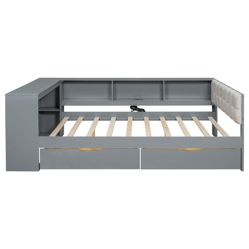 Upholstered Headboard Platform Bed With Storage Shelves, Drawers, Charging Station
