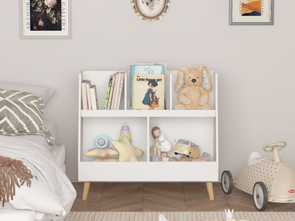 Kids Bookshelf And Toy Organizer, 5 Cubbies Wooden Open Bookcase, 2-Tier Baby Storage Display Organizer With Legs, Free Standing For Playing Room, Bedroom, Nursery, Classroom - White