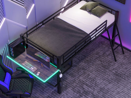 Modern Gaming Mid Loft Bed With Desk And LED Lights
