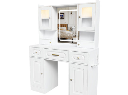 Large Vanity Table Set With Mirror, 6 Drawers & Shelves, Power Socket, Hair Dryer Holder, Cabinet Light, Dressing Desk - White