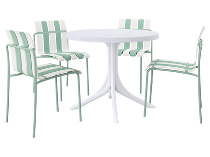 4 Piece Set Of Color Block Designed Single Chairs & Round Table - Cream White / Haze Green / White