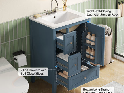 Modern Bathroom Vanity With Sink, Soft Close Drawers & Door, Storage Rack