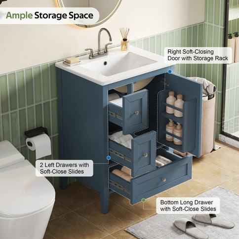 Modern Bathroom Vanity With Sink, Soft Close Drawers & Door, Storage Rack