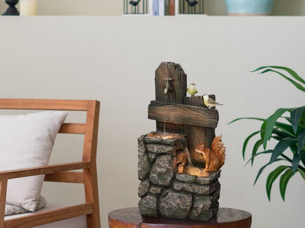 Decorative Two Tiered Water Fountain With Woodland Animal Design, Outdoor Fountain With Light And Pump - Multi