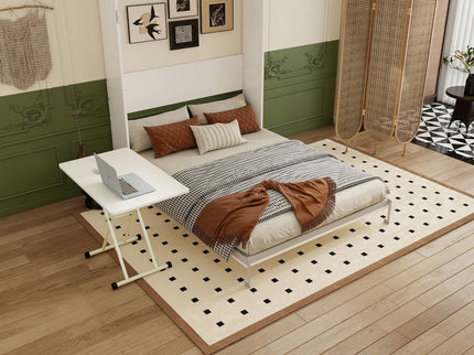 Queen Size Wall Mounted Murphy Bed With Manual Height Adjustable Desk, Cabinet & Frame & Computer Desk - White