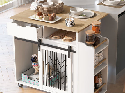 Modern Style 2 In 1 Pet Friendly Dog Crate Kitchen Island End Table Metal Pine - Natural / White