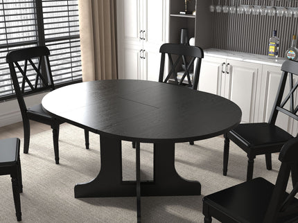 Dining Table For Farmhouse Kitchen Expandable Oval Table Top With Removable Leaf Trestle X Shaped Base - Black
