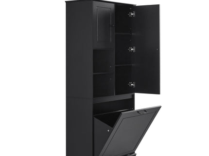 Modern Tall Storage Cabinet With Adjustable Shelves, Flip-Out Basket & Enclosed Doors