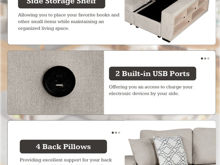U-Shaped Sectional Sofa Pull-Out Sofa Bed With Two USB Ports, A Storage Chaise Lounge And Four Back Pillows For Living Room