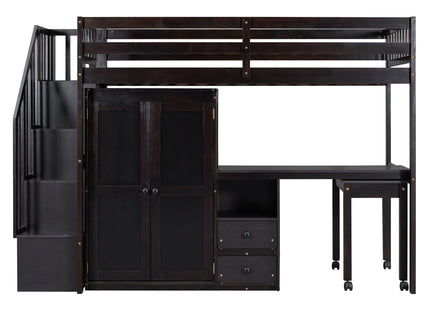 Loft Bed With Stairs, Bookshelf, Drawers, Desk & Wardrobe, Space Saving Multifunctional Furniture