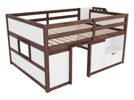 Low Loft Bed Frame With Built In Stairs, Storage Drawer, Shelf And 7 Color LED Light