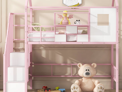 Metal Loft Bed With Roof Design And Storage Box With Guardrails And Integrated Ladder