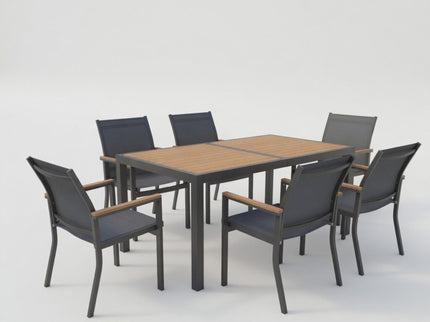 7 Piece Gray Aluminum Patio Dining Set With Textilene Chairs For Outdoor Living Frame With Accents, 59" Rectangle Table, All Weather Durable