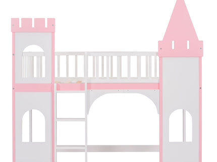 Twin Over Twin Castle Bunk Bed With Ladder - Pink