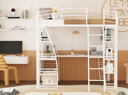 Loft Bed With 4 Layers Of Shelves And L-Shaped Desk, Stylish Metal Frame Bed With A Set Of Sockets, USB Ports And And Wireless Charging