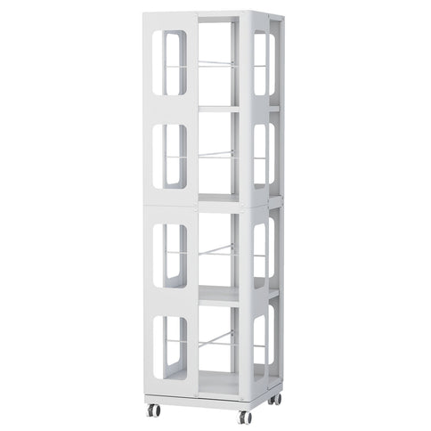4 Tier All Steel Rotating Bookshelf With 360° Wheels, Large Size Sturdy & Spacious Book Rack, New Style Bookshelf - White