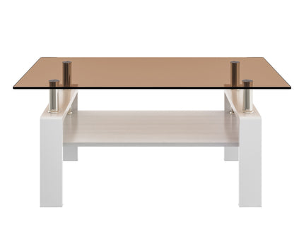 Modern Rectangular Coffee Table With Tempered Transparent Glass Top And Storage Shelf