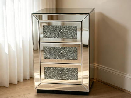 3 Drawer Nightstand With Glass Accents, Bedside Table For Bedroom - Silver