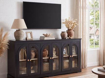 Modern Arched Glass Sideboard With 6 Doors, Buffet Cabinet With Storage And Adjustable Shelves